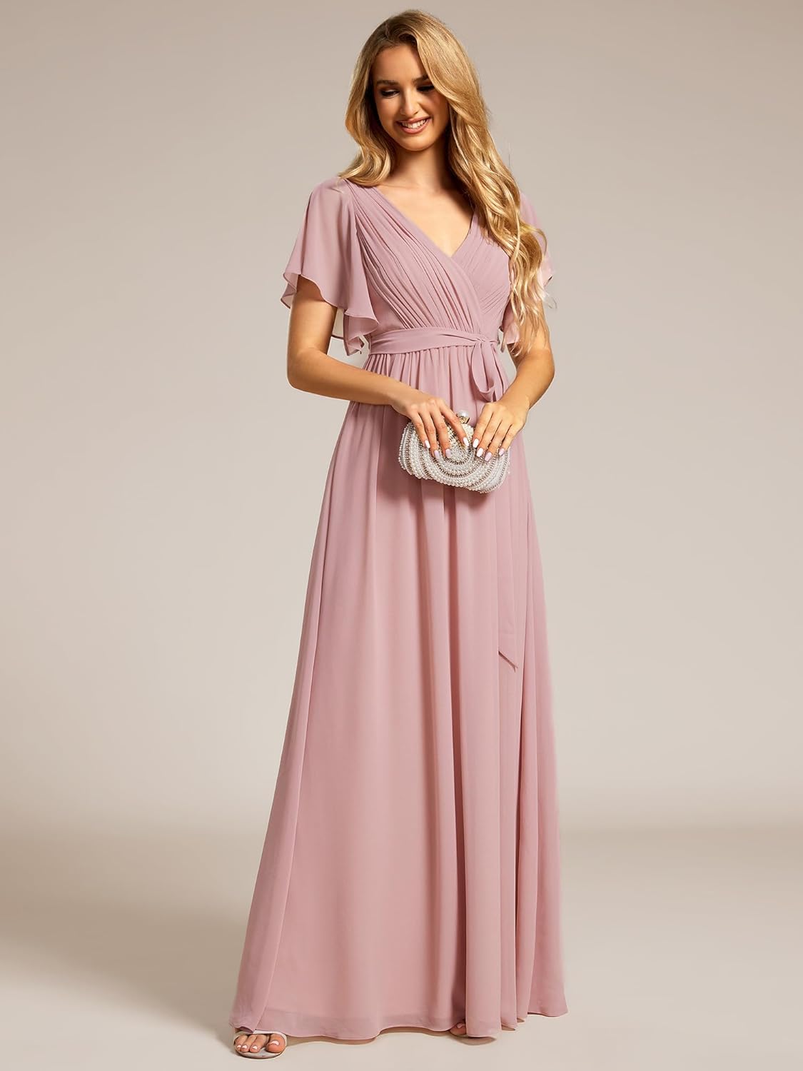 Ever-Pretty Women's Bridesmaid Dress V-Neck Ruffle Sleeves Ruched Bust Floor Length Chiffon Formal Dresses 0164A