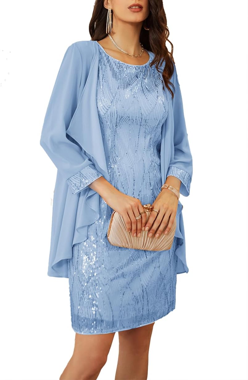 GRACE KARIN Sequin Dress for Women Knee Length Mother of the Bride Dresses Formal Dress Two Piece Dress with Chiffon Jacket