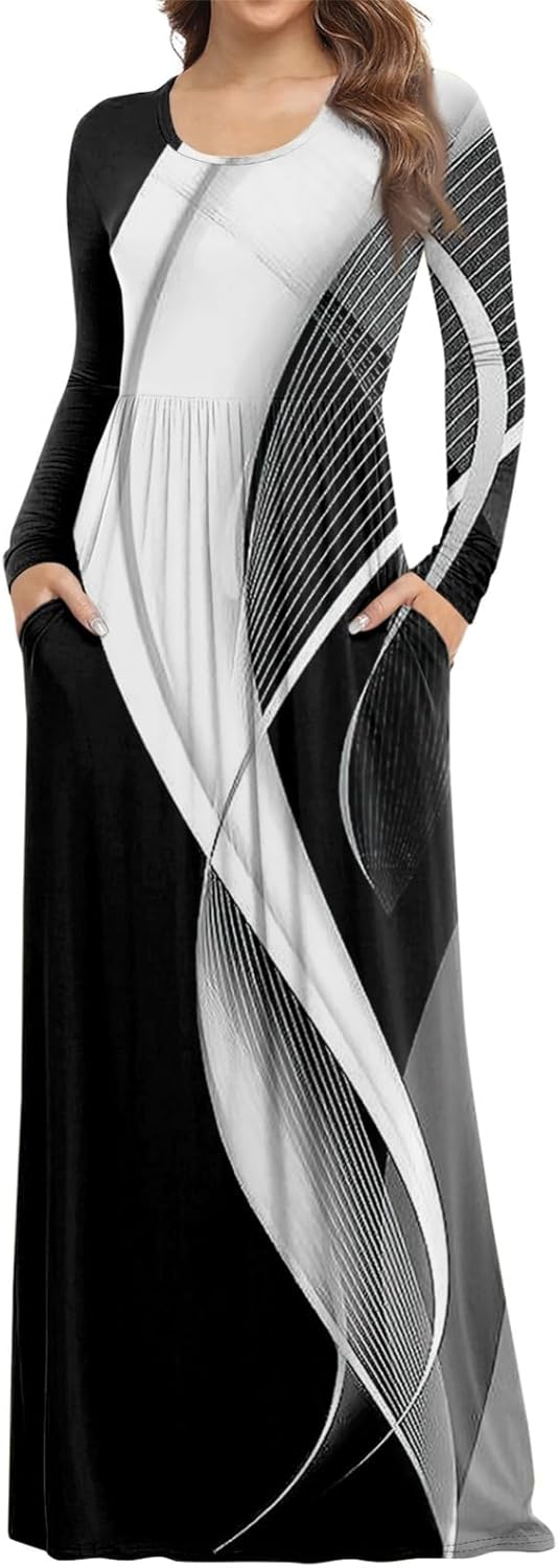 Long Sleeve Maxi Dress for Women Elegant Crew Neck Flowy Swing Dresses Solid Color Wedding Guest Dresses