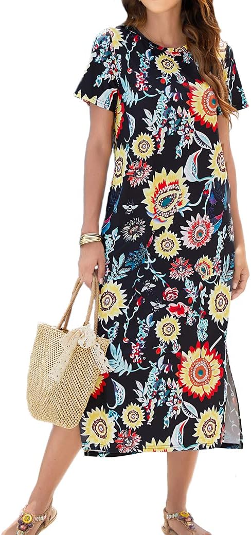 Naggoo Women's Short Sleeve Split Maxi Dress Casual Plain Tie Dye Print Tshirt Long Dresses with Pockets