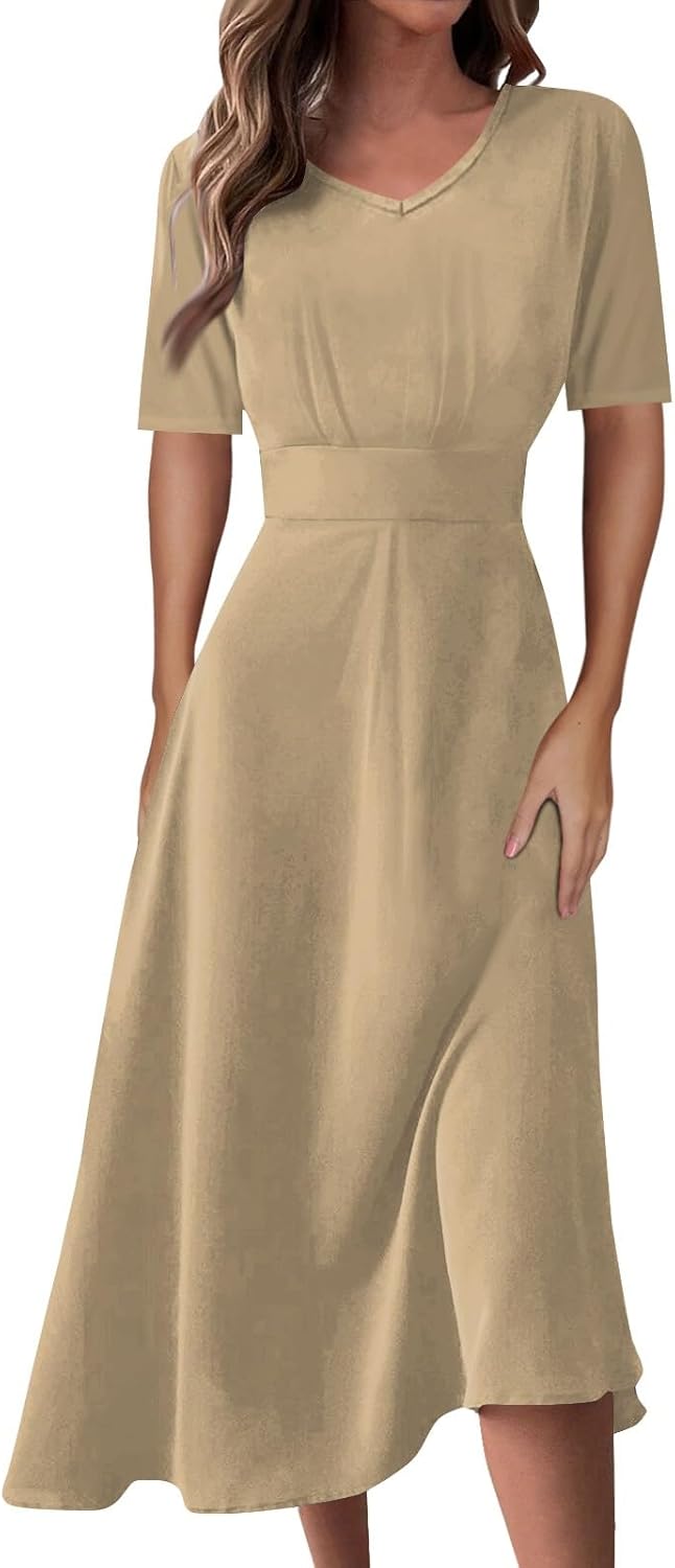 Women's Summer Elegant Cocktail Dress Solid Color Swing V-Neck Party Gown Dresses, S-2XL