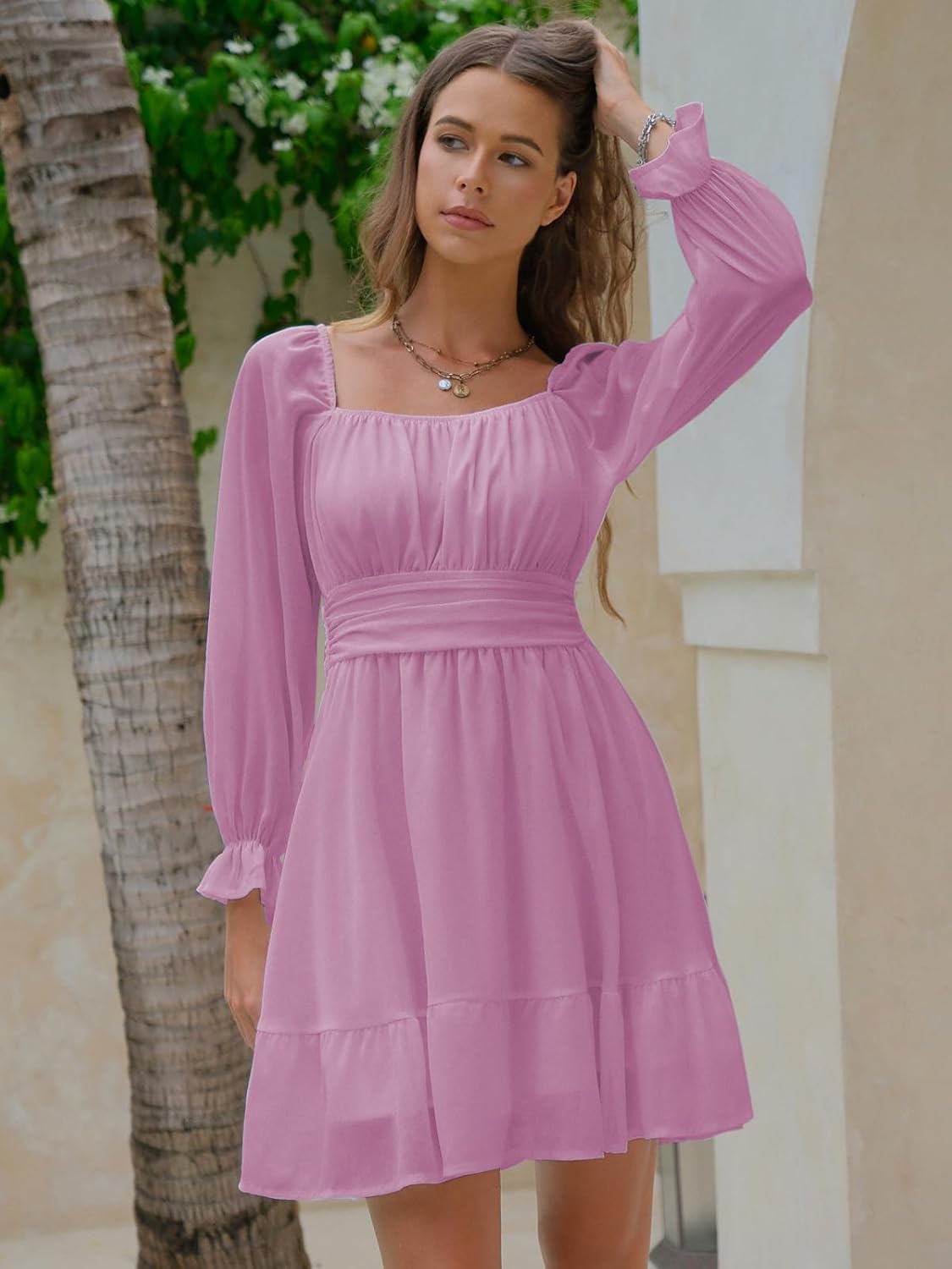 EXLURA Women's 2025 Casual Long Lantern Sleeve Dresses Square Neck Ruffle Tie Back Elastic Waist Aline Short Mini Dress