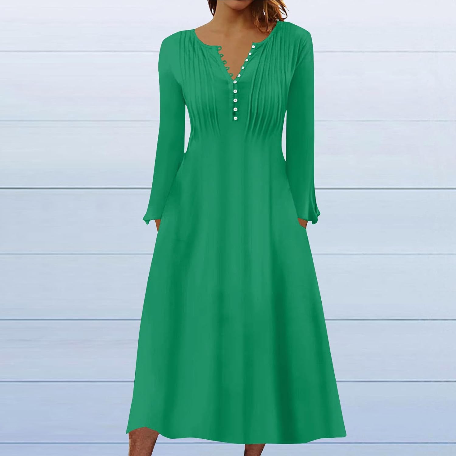 DOPOCQ Fall Women Dresses 2023 Long Sleeve V Neck Plus Size Maxi Dress Boho Dress High Waisted A-Line Dress with Pocket