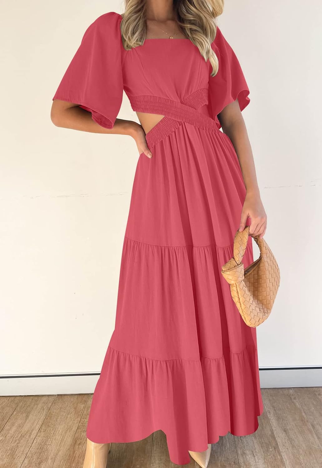LEANI Women's 2025 Summer Cutout Maxi Dress Square Neck Short Sleeve Crossover Waist Casual Party Dresses