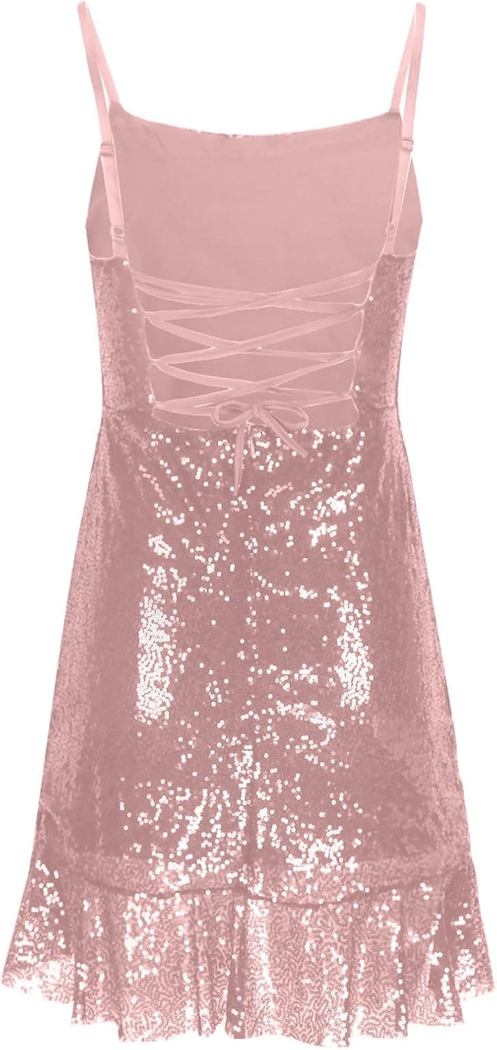 Binmer Women Sparkly Sequin Mini Dress Sexy Glitter Spaghetti Strap Backless Ruffle Hem Cami Short Mini Club Party Dresses