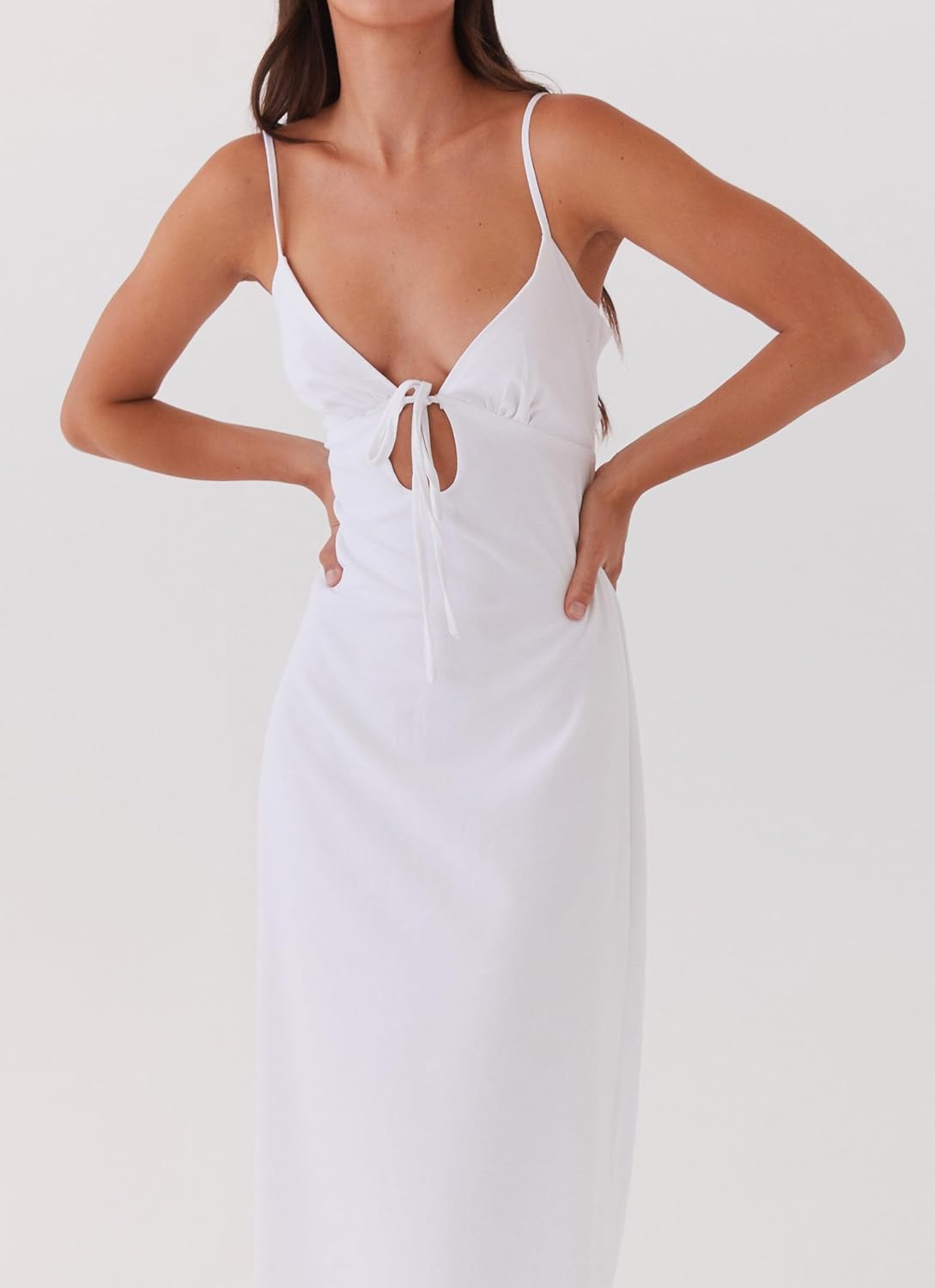 Luckinbaby Women Y2k Spaghetti Strap Maxi Dress V Neck Tie Front Cutout Long Cami Dress Backless Party Wedding Dress