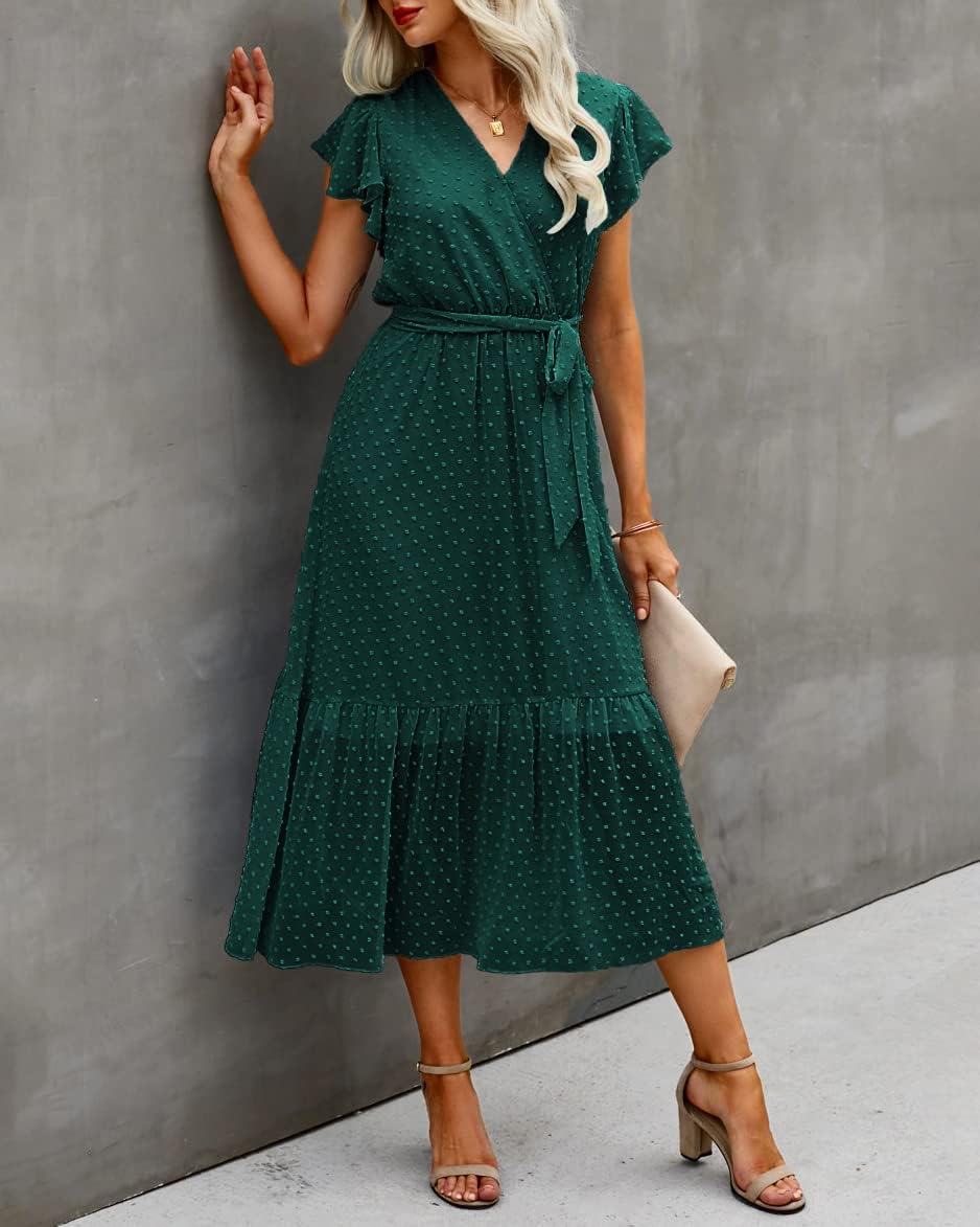 BTFBM Women Summer Bohemian Floral Casual Wrap V Neck Ruffle Cap Sleeveless Belt A-Line Pleated Hem Midi Sun Dress White