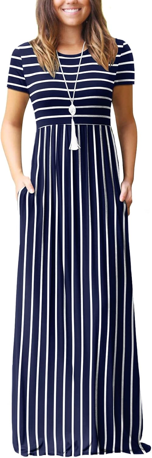 DEARCASE Maxi Dress for Women Short Sleeve Casual Summer Loose Plain Comfy Long Dresses with Pockets