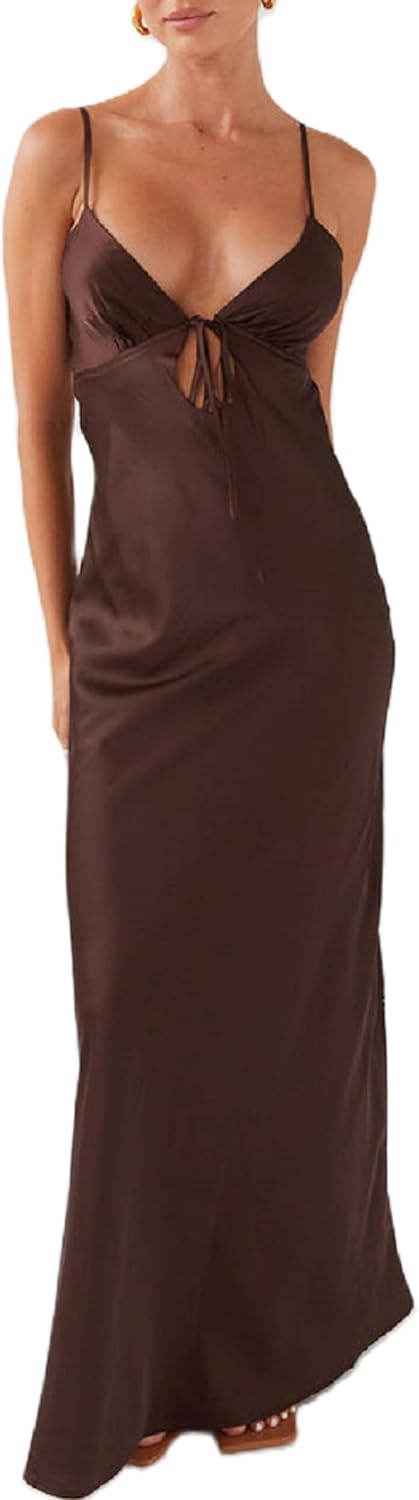 Luckinbaby Women Y2k Spaghetti Strap Maxi Dress V Neck Tie Front Cutout Long Cami Dress Backless Party Wedding Dress