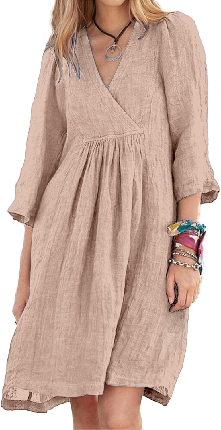 Cotton Linen for Women 2025 Summer V-Neck 3/4 Sleeve Ruffled A-Line Midi Dress Casual Modest Knee-Length Dress