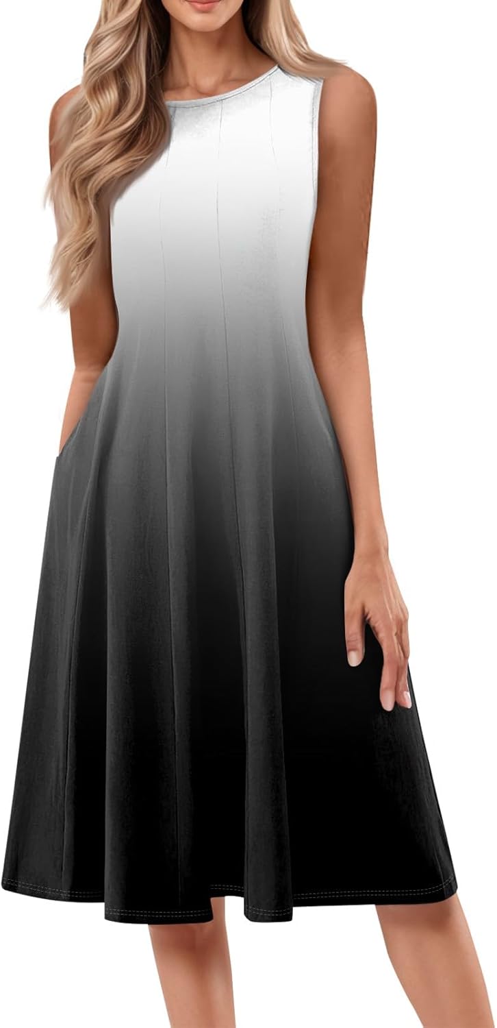 Womens Tank Sundress 2025 Casual Floral Print Tshirt Dress Swing Sleeveless Midi Dress Crewneck Pleated Summer Dresses