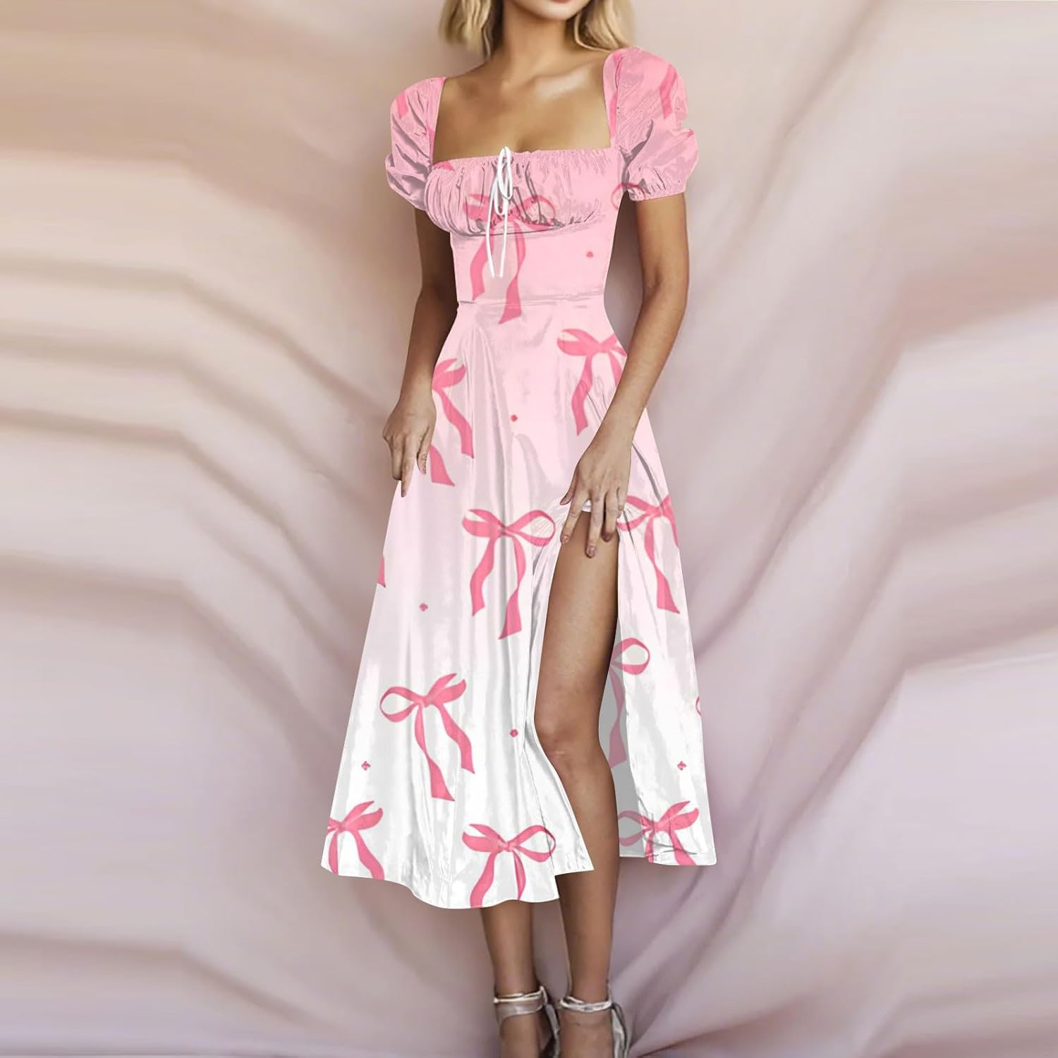Women's Sundresses 2025 Summer Casual Loose Trendy Bubble Sleeve Square Neck Split Bow Floral Print Dress Plus Size, XS-3XL