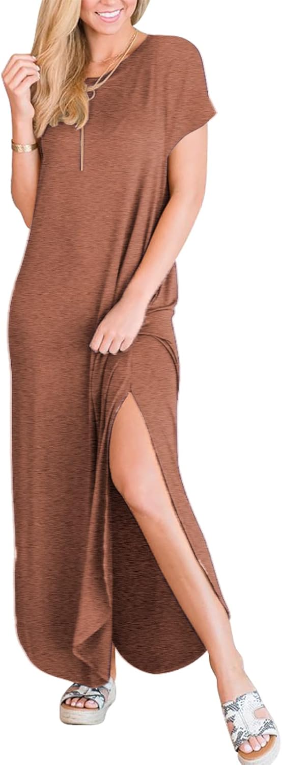 ANRABESS Women's Summer Casual Loose Short Sleeve Long T Shirt Dress Split Maxi Beach Sundress Travel Vacation Outfits