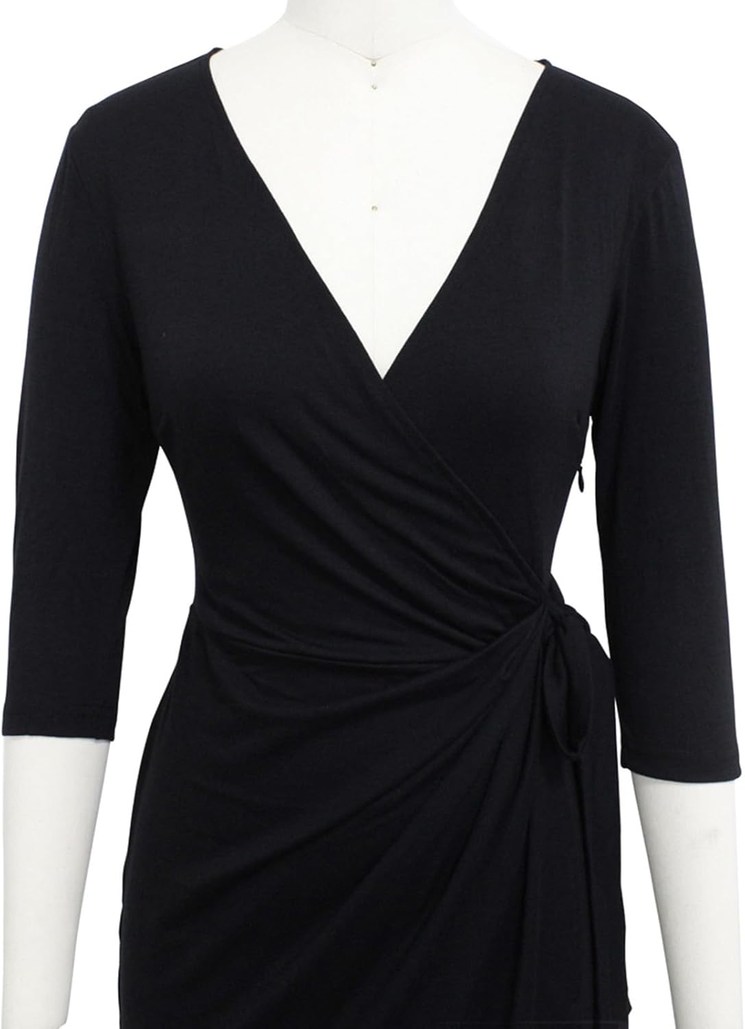Berydress Women's Classic 3/4 Sleeve V Neck Sheath Casual Party Work Faux Black Wrap Dress