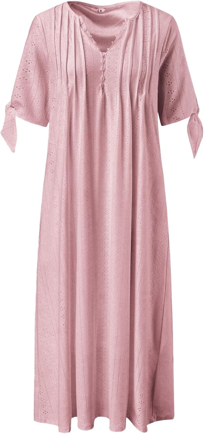 ZYXTIM Womens Eyelet Dress V Neck Short Sleeve Hollow Out Summer Beach Vacation Dresses Swing A Line Vintage Long Dresses