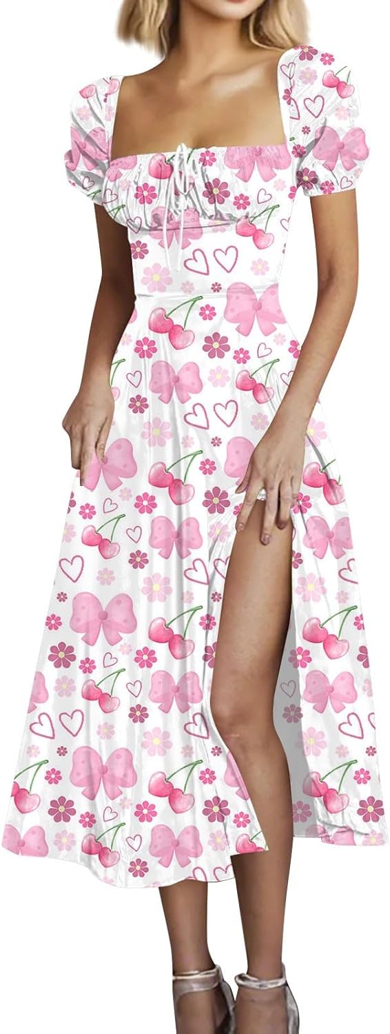 Women's Sundresses 2025 Summer Casual Loose Trendy Bubble Sleeve Square Neck Split Bow Floral Print Dress Plus Size, XS-3XL
