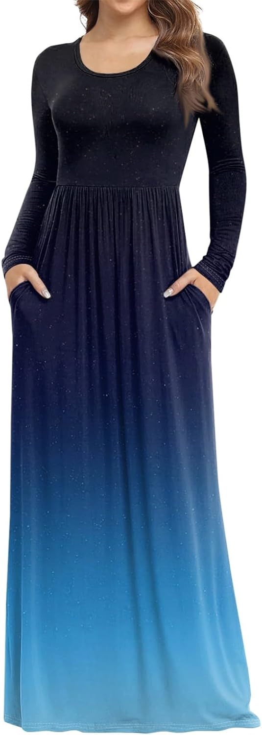 Long Sleeve Maxi Dress for Women Elegant Crew Neck Flowy Swing Dresses Solid Color Wedding Guest Dresses