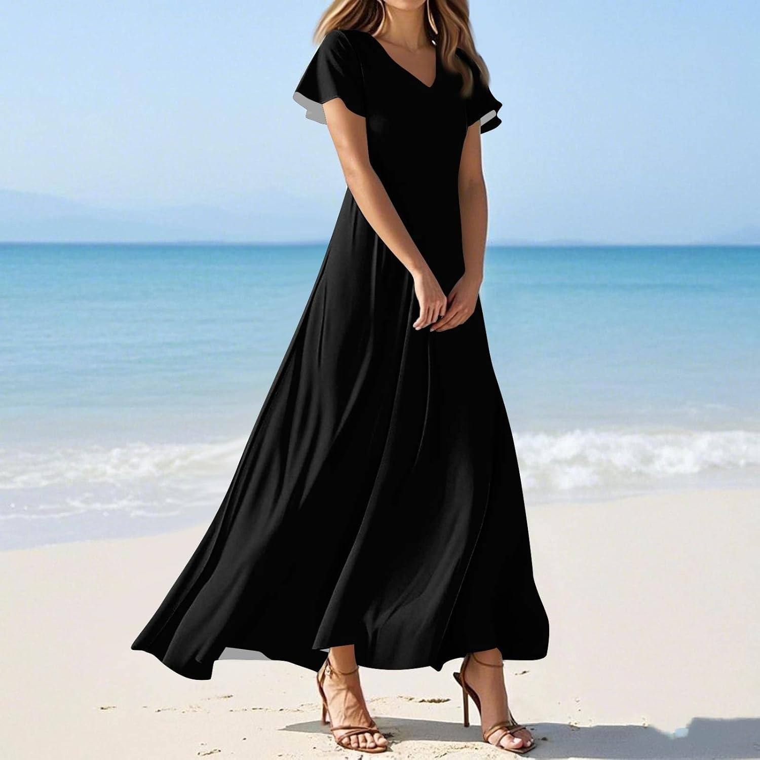 Womens Fashion V Neck Ruffle Short Sleeve Maxi Dress 2025 Summer Elegant Solid Color Flowy A Line Dresses