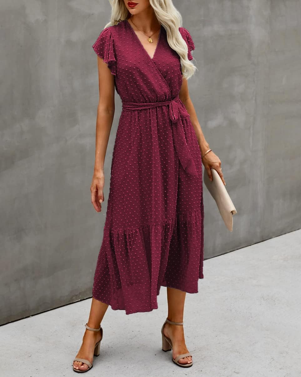 BTFBM Women Summer Bohemian Floral Casual Wrap V Neck Ruffle Cap Sleeveless Belt A-Line Pleated Hem Midi Sun Dress White