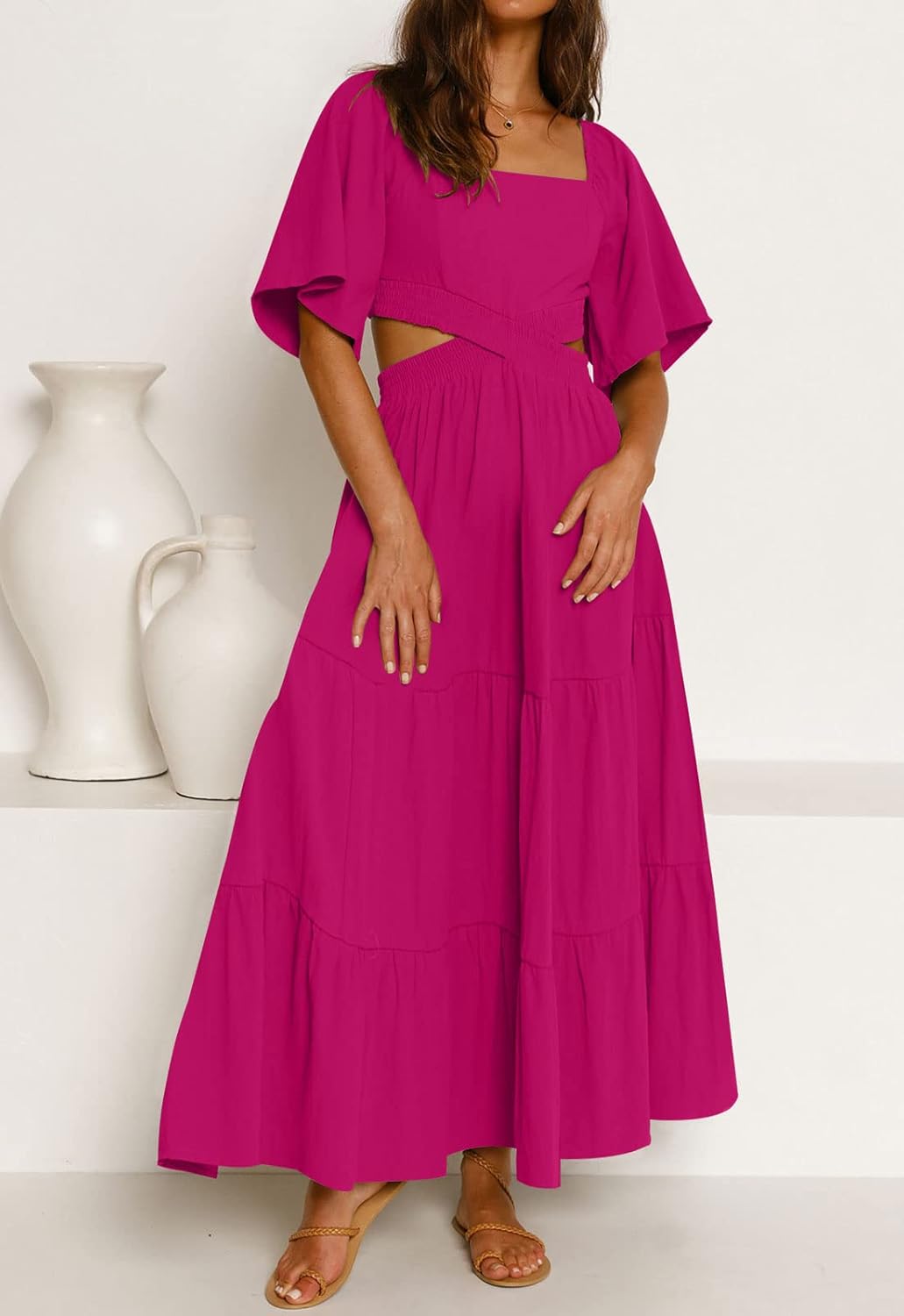 LEANI Women's 2025 Summer Cutout Maxi Dress Square Neck Short Sleeve Crossover Waist Casual Party Dresses