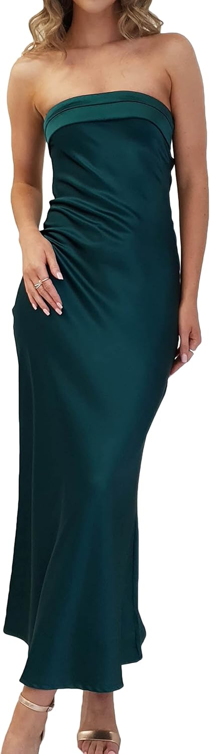 Realtix Satin Silk Backless Tube Tops Maxi Dress for Women Low Back Hollow Out Elegant Strapless Long Dresses Wedding Guest