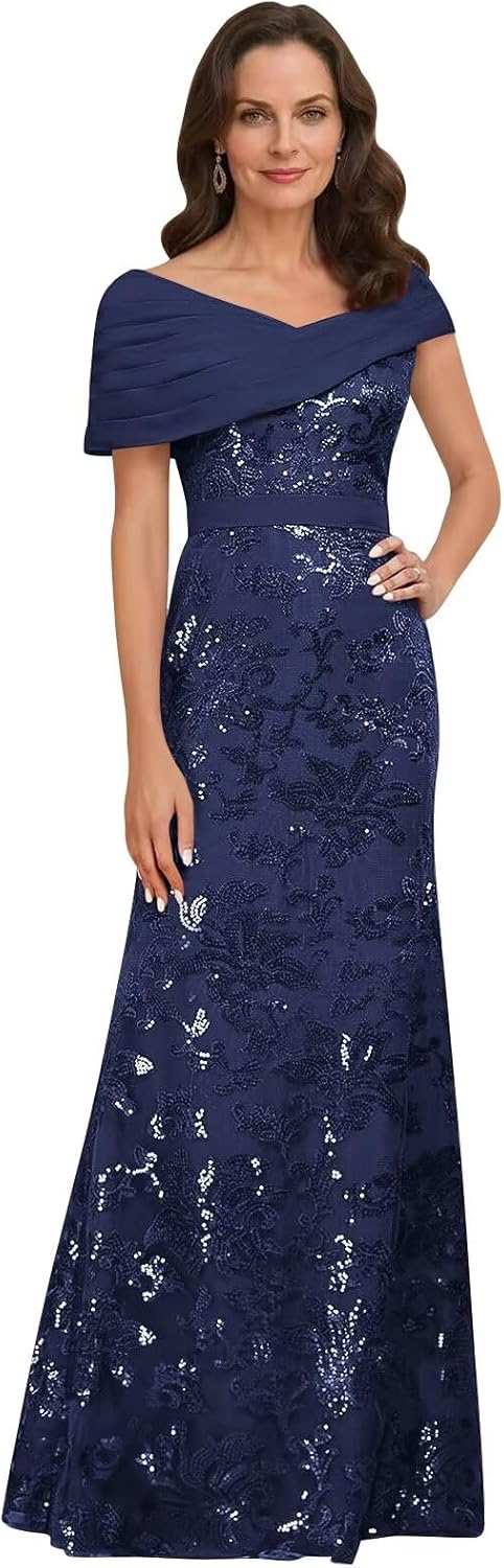 Lace Sequin Mother of The Bride Dresses for Women Long Mermaid Off The Shoulder Formal Evening Dress with Sleeves