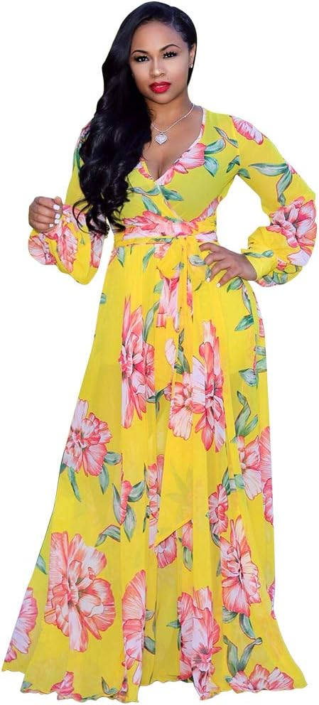 Nuofengkudu Womens Chiffon Deep V-Neck Stripe Printed Maxi Dress Unique Loose Summer Boho Dresses High Waiste(S-5XL)