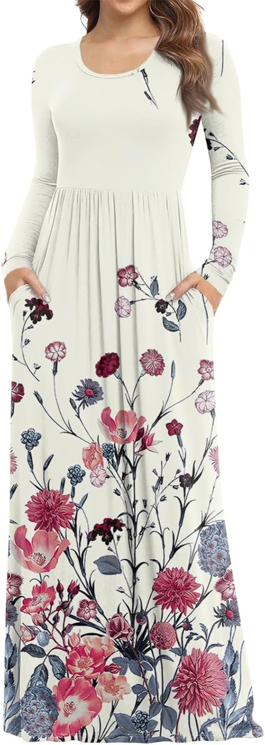 Long Sleeve Maxi Dress for Women Elegant Crew Neck Flowy Swing Dresses Solid Color Wedding Guest Dresses