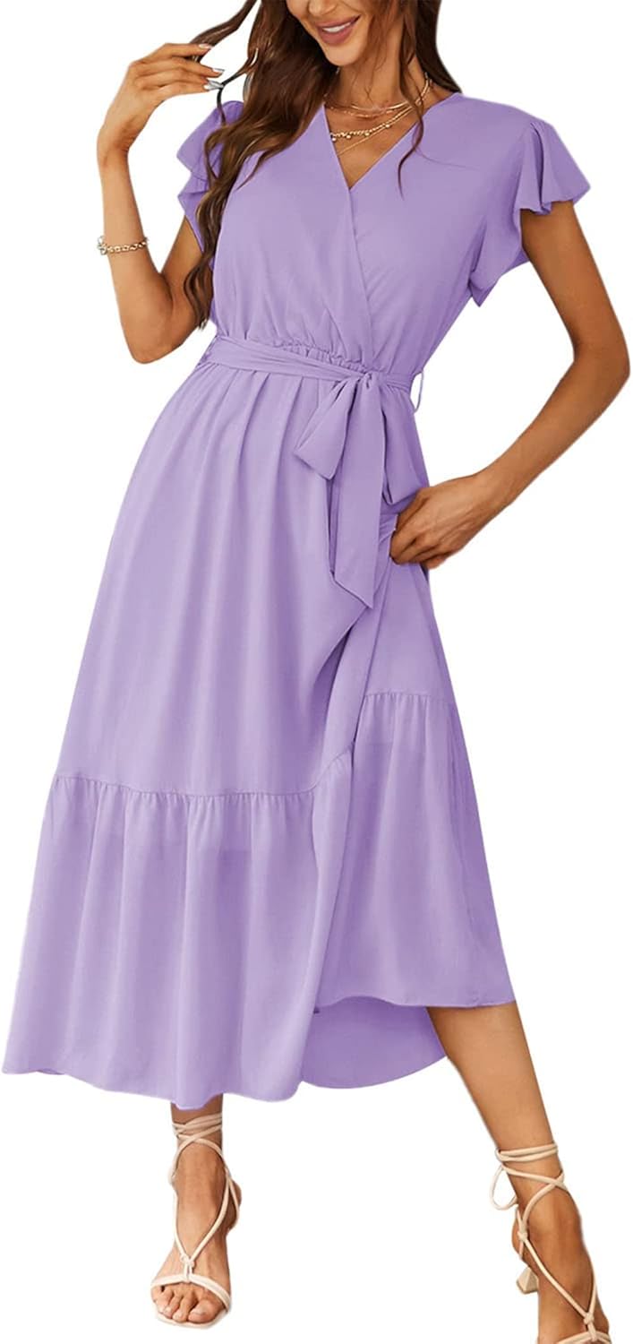 PRETTYGARDEN Women's Summer Floral Boho Dress Wrap V Neck Short Sleeve Ruffle A-Line Flowy Maxi Wedding Guest Dresses