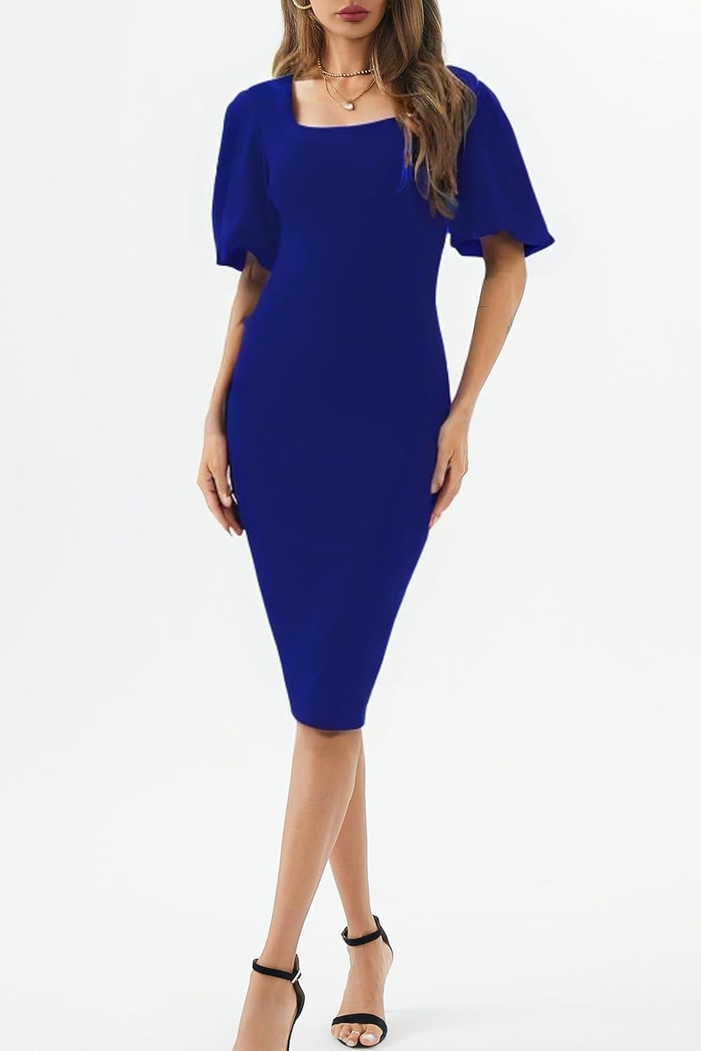 Womens Summer Dresses Square Neck Lantern Sleeve Bodycon Pencil Midi Dress