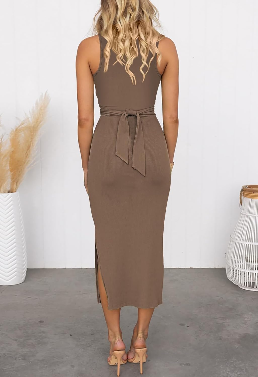 HUUSA Women's Sexy Sleeveless Cut Out Slim Bodycon Dress Crewneck Crisscross Twist Ruched Slit Ribbed Knit Tank Midi Dress
