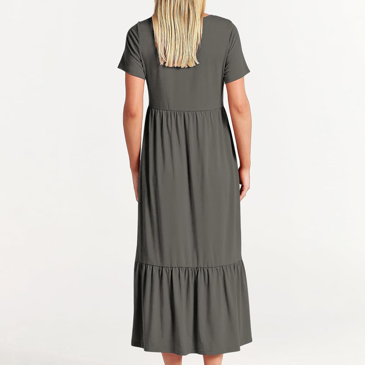 XUNRYAN Summer Dresses for Women 2024 Casual Calf Length Maxi Dress Pleated Flowy Tiered Swing Beach Sundress with Pockets