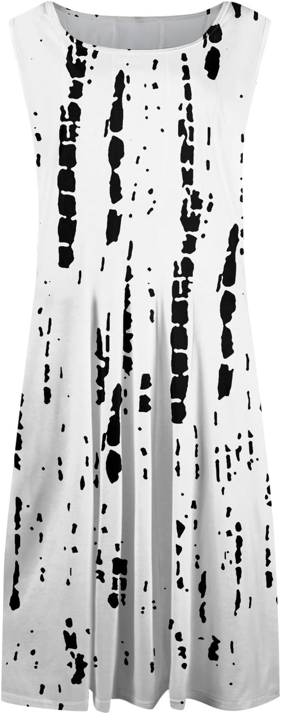 Womens Tank Sundress 2025 Casual Floral Print Tshirt Dress Swing Sleeveless Midi Dress Crewneck Pleated Summer Dresses