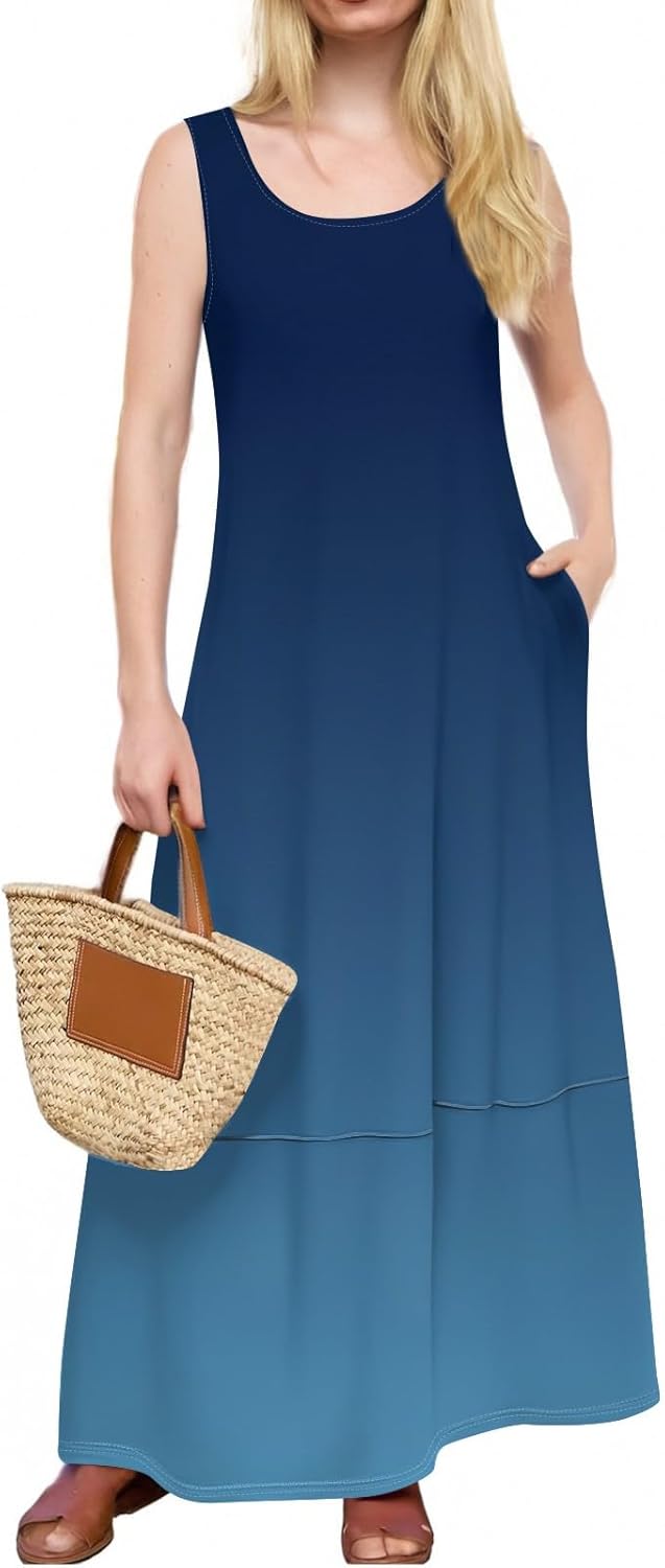 Womens Summer Tank Dress Vacation Boho Floral Long Dresses with Pockets Resort Wear Swing Beach Sleeveless Sundress