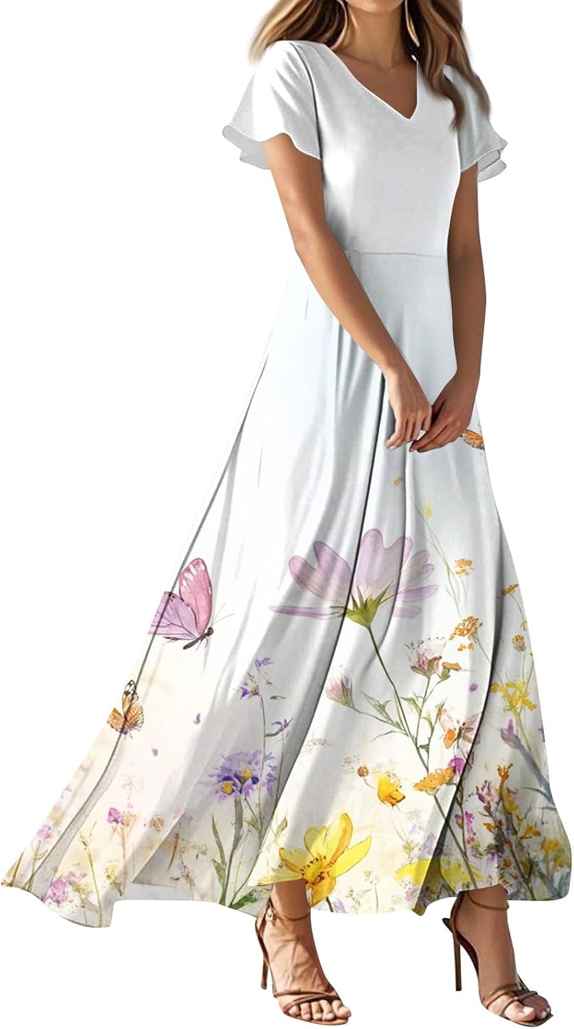 Womens Fashion V Neck Ruffle Short Sleeve Maxi Dress 2025 Summer Elegant Solid Color Flowy A Line Dresses
