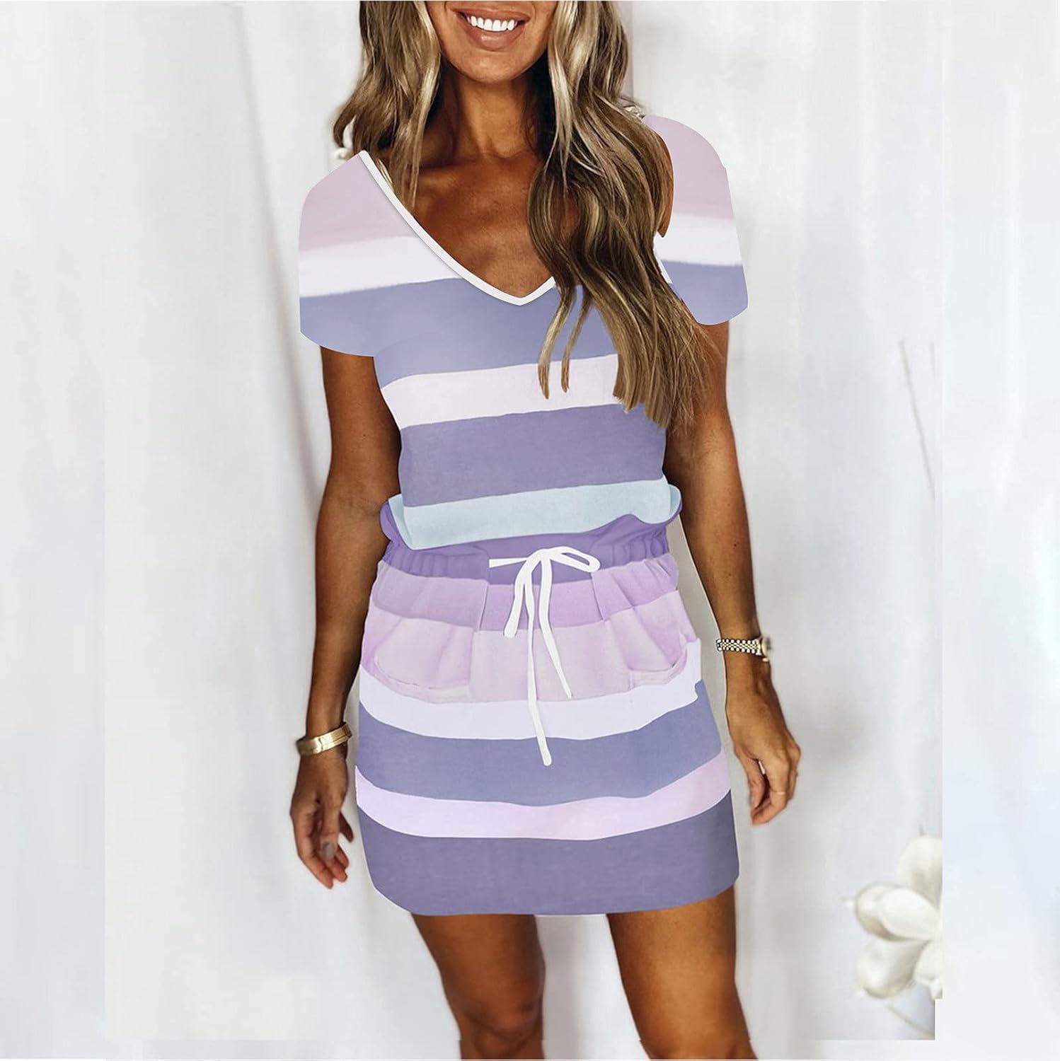Women Summer Casual Striped Dress Drawstring Waist Tie Knot Mini Dresses Short Sleeve V Neck Tank Dress with Pocket