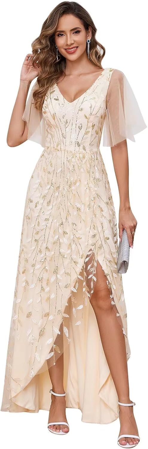 Women's Short Sleeve Mother of The Bride Dresses for Wedding Sparkly Sequin Long Formal Evening Dresses