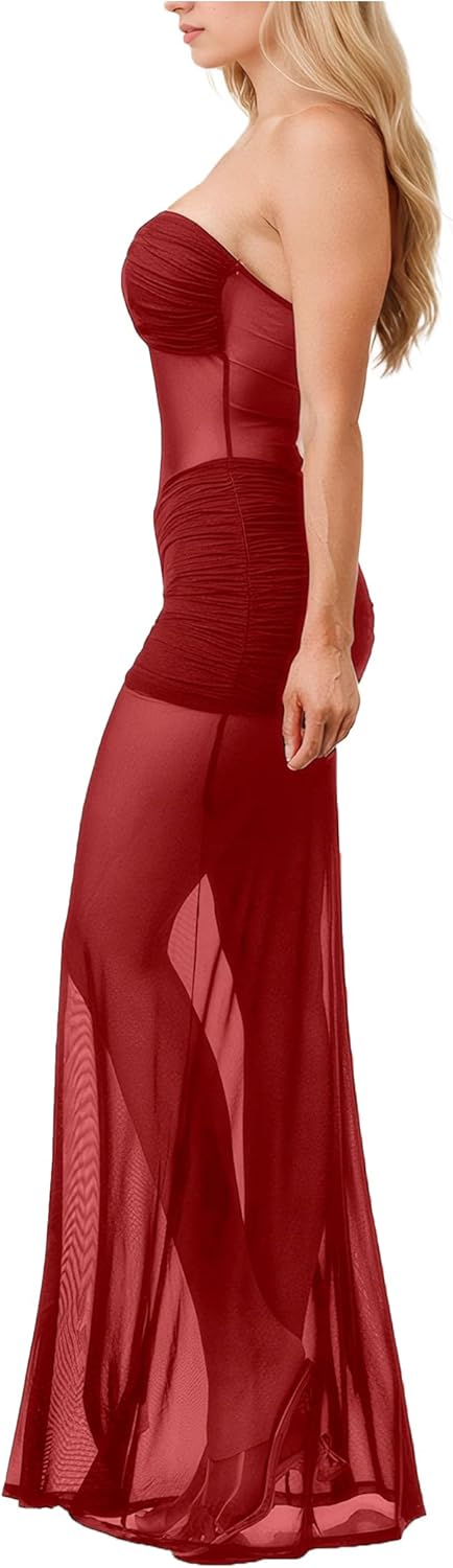 Women’s See Through Mesh Maxi Dress Sweatheart Neck Patchwork Slim Fit Night Out Seaside Long Dresses