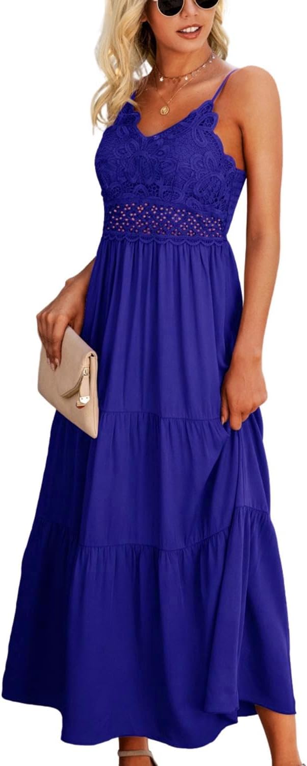 Dokuritu Women's Beach Crochet Lace Maxi Dress Solid Color Summer Vacation Spaghetti Strap Long Dress 2024