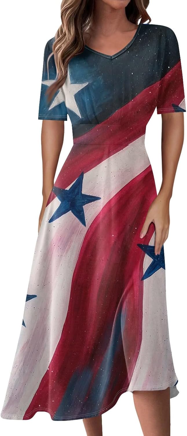 Women's Patriotic Star Print Midi Short Sleeve V-Neck Casual A-Line Dress for Summer Parties & Events