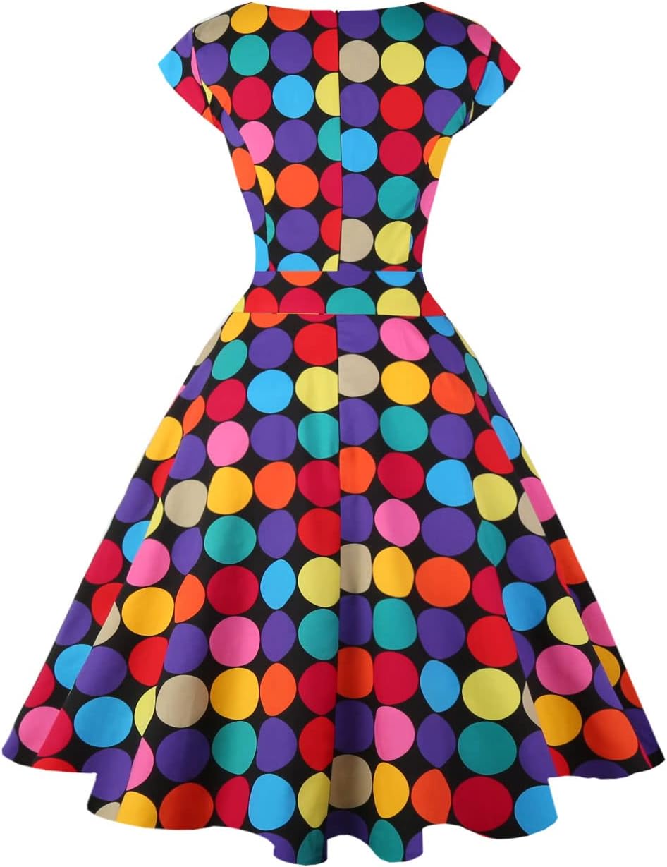 PUKAVT Women's 1950 Boatneck Cap Sleeve Vintage Swing Cocktail Party Dress with Pockets