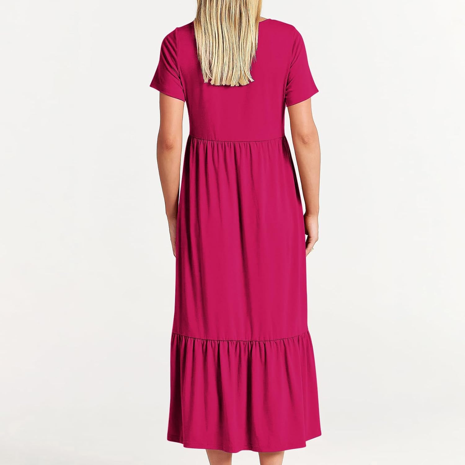 XUNRYAN Summer Dresses for Women 2024 Casual Calf Length Maxi Dress Pleated Flowy Tiered Swing Beach Sundress with Pockets