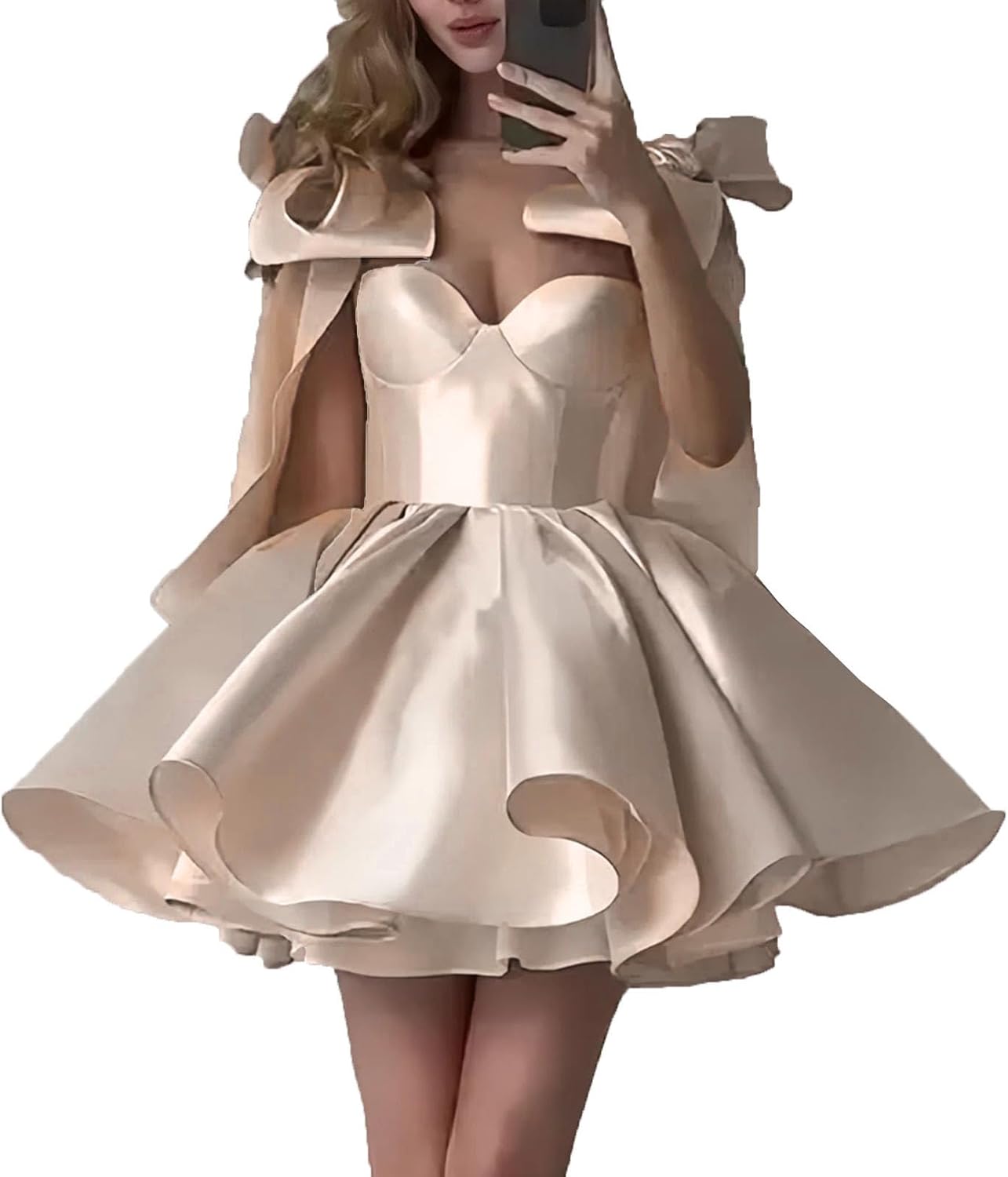 Short Graduation Dress Adjustable Bow Straps Mini Prom Gown Corset Back Birthday Dress for Women with Pockets