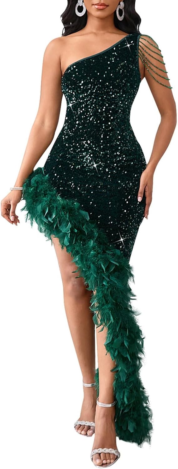 Cololura Women Sequin Elegant Sexy Tassels One Shoulder Mermaid Bodycon Cocktail Evening Midi Party Formal Dress