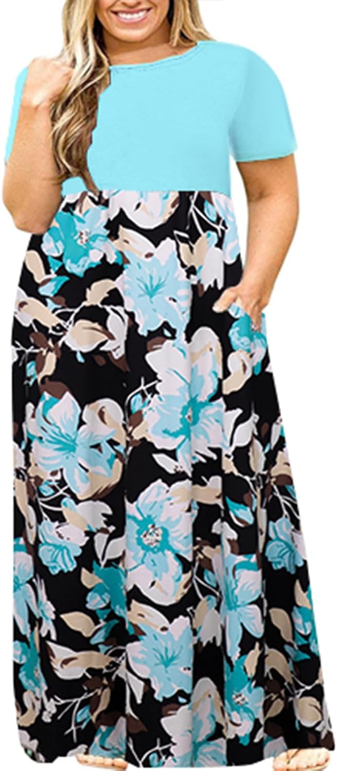 Kancystore Women's Short Sleeve Plus Size Maxi Dress with Pockets Loose Casual Summer Dresses