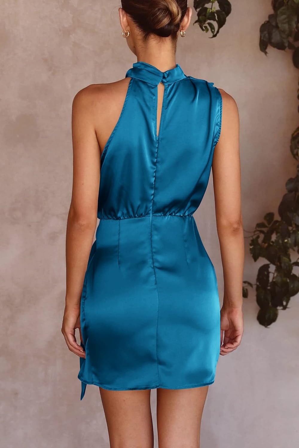 PRETTYGARDEN Women's Short Formal Satin Dress Summer Sleeveless Mock Neck Tie Waist Cocktail Party Dresses