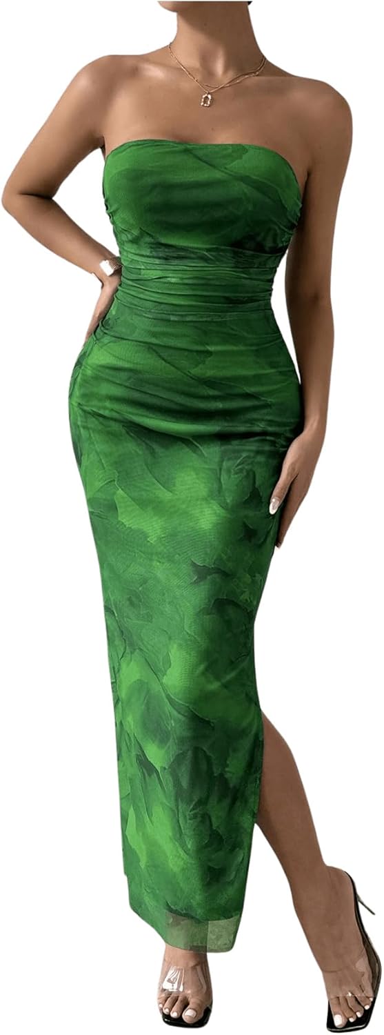 Milumia Women's Printed Strapless Tube Top Long Dress Slit Hem Sleeveless Bodycon Maxi Dresses