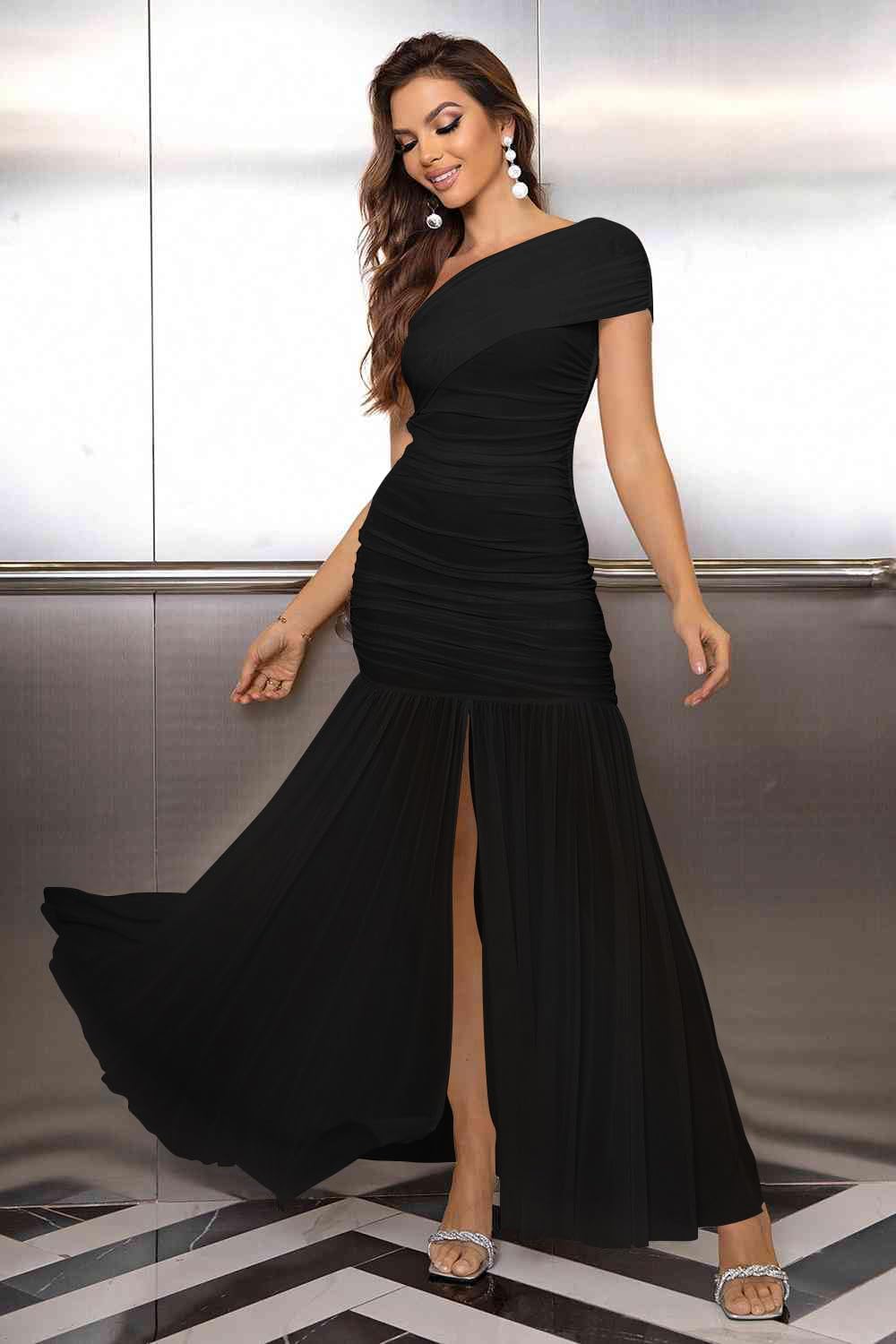 LAGSHIAN Women's Elegant Formal Long Dress One Shoulder Sleeveless Ruched Bodycon Evening Dress