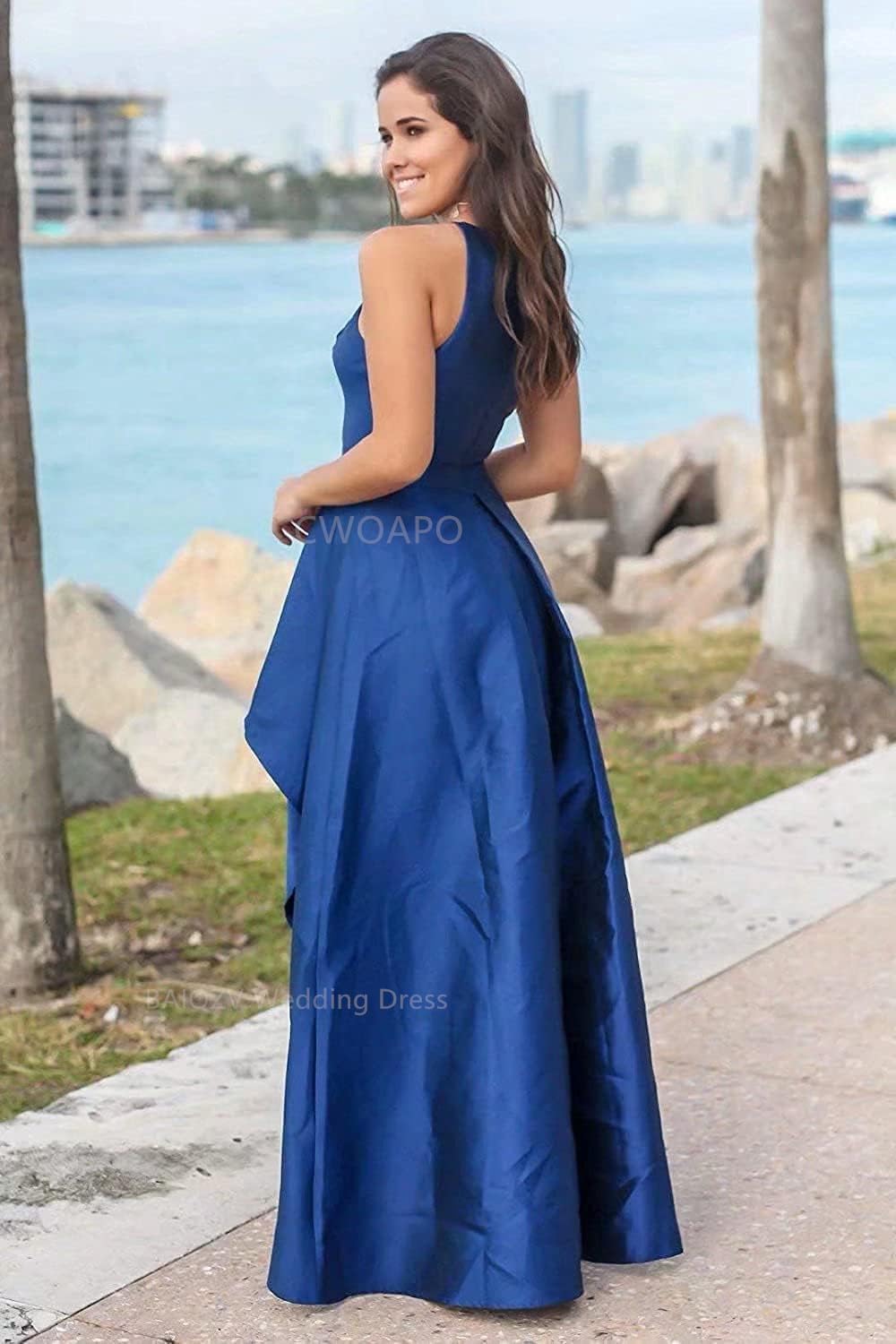 CWOAPO Halter High Low Bridesmaid Dress Evening Dress Satin Homecoming Dresses A Line Cocktail Gowns with Pockets