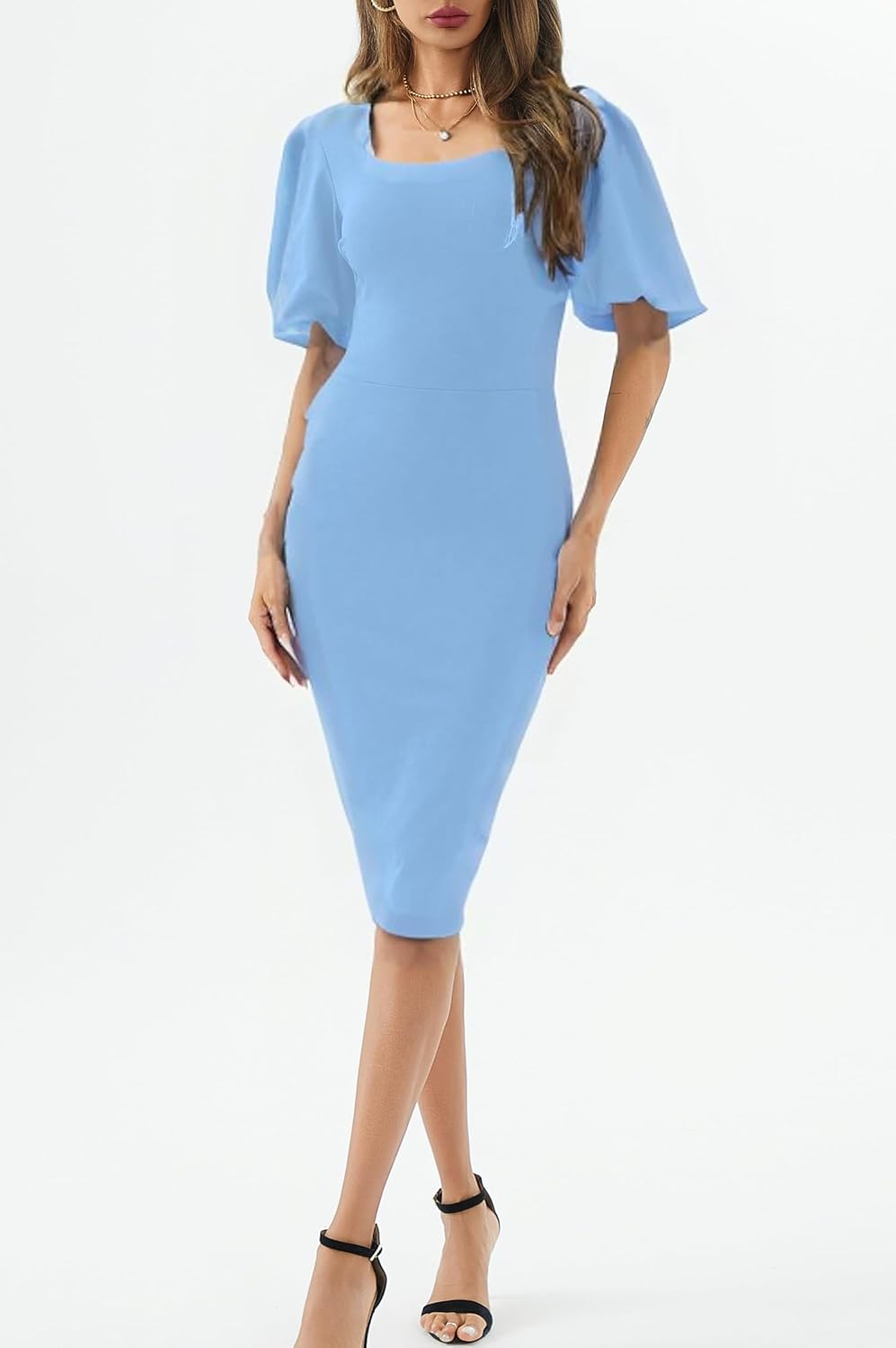 Womens Summer Dresses Square Neck Lantern Sleeve Bodycon Pencil Midi Dress